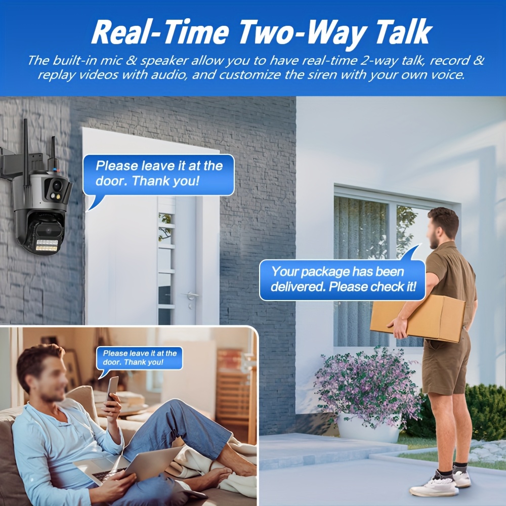 Cámara de seguridad para el hogar con WiFi PTZ de tres lentes, vigilancia exterior 3 en 1 con rotación de 360°, seguimiento automático, visión nocturna de color completo, foco, audio bidireccional, compatible con Alexa, IPX4, enchufe de la UE