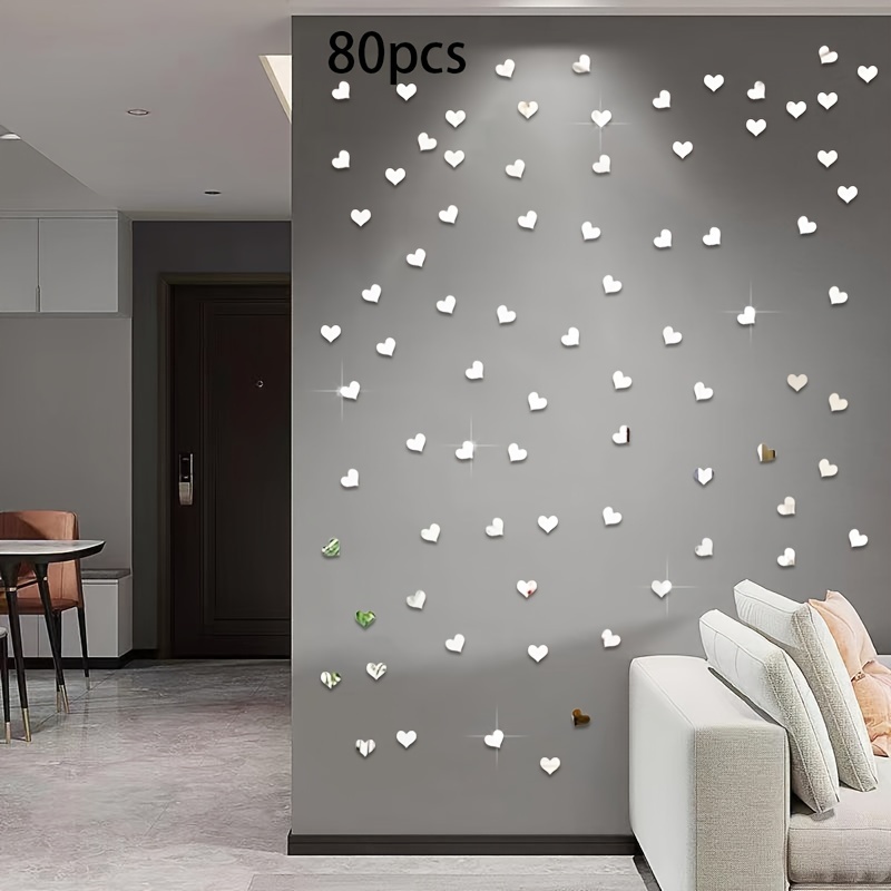 80/160/240pcs Cute Heart Acrylic Mirror Wall Stickers, Self-adhesive And Random Placement, Protective Film Included, Please Remove Before Use! Reflective Surface Makes Space Feel Larger
