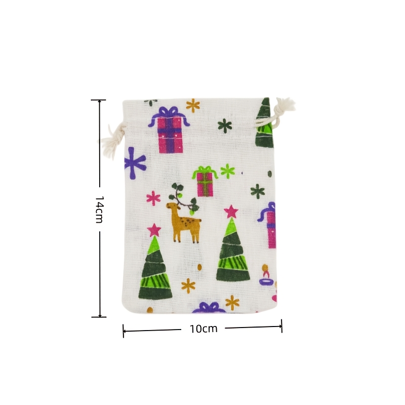 Christmas Drawstring Gift Bags with Vintage Tree & Reindeer Print