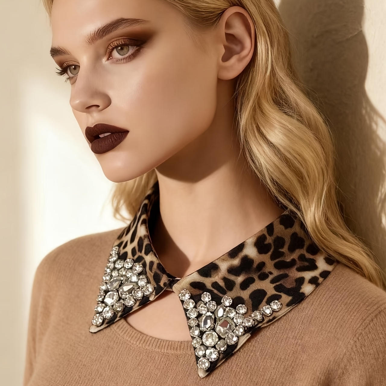TEMU Leopard Print False Collar With Beaded Details. In Classic Leopard Tones, It Exudes Mysterious Charm. Your T-shirts, Dresses, And Low-neck