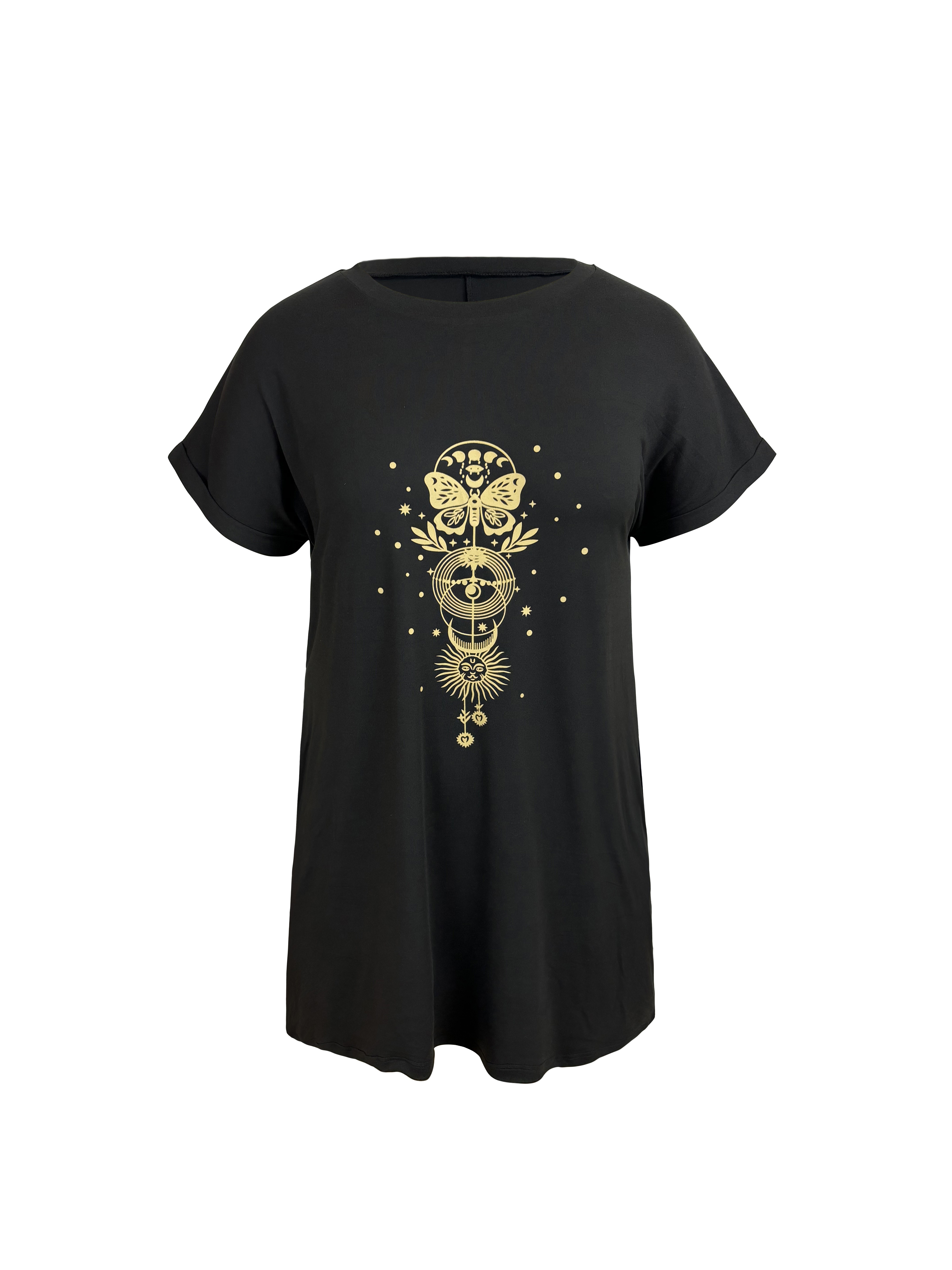 Women's Casual Short Sleeve T-Shirt Dress Print with Golden Celestial  Design, Round Neck Side Pockets, Machine Washable Black Dress for Spring 