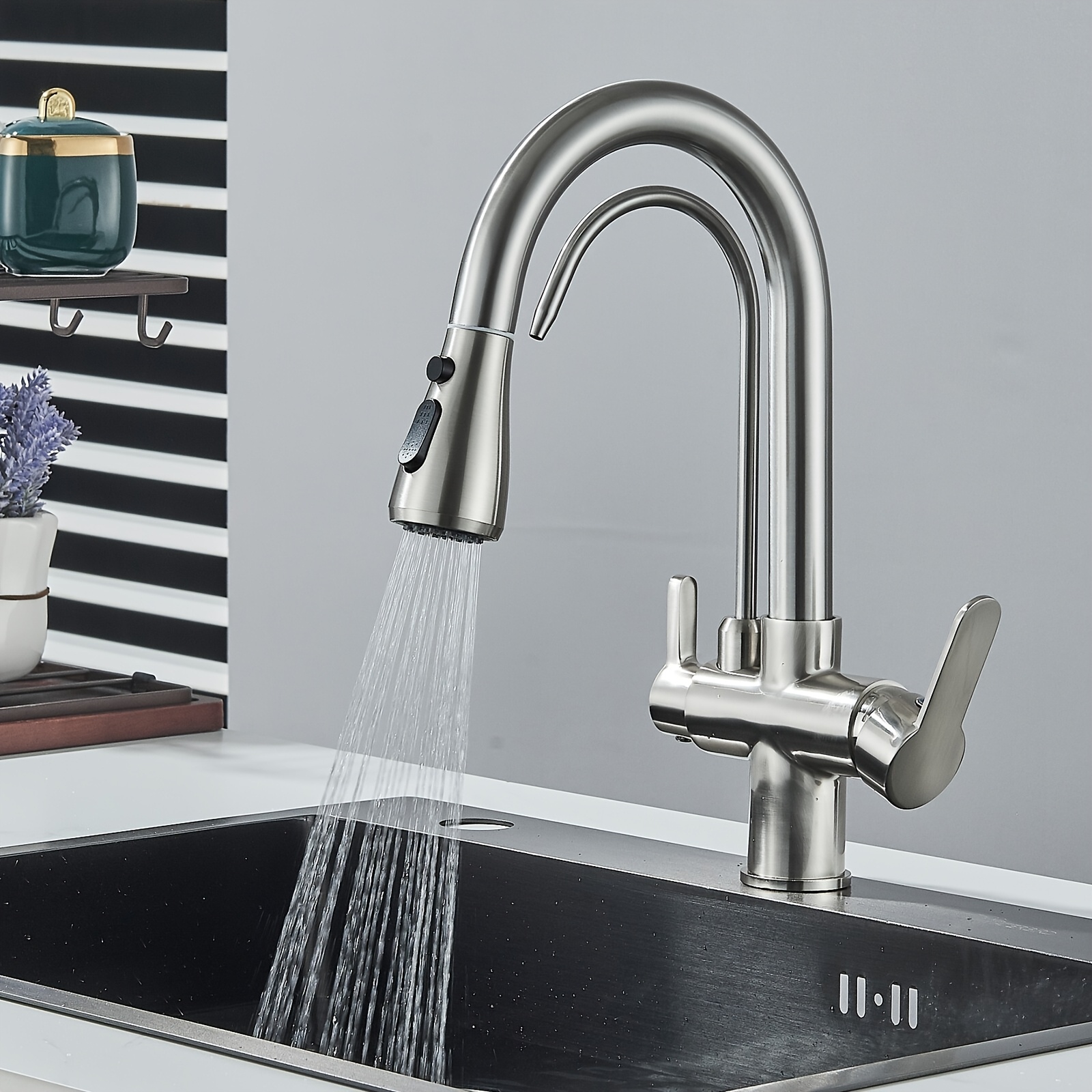 3-way Stainless Steel Tap, 360° Rotatable Water Tap With Extendable Hand Shower, 3-in- Mixer Tap, 2 Handles