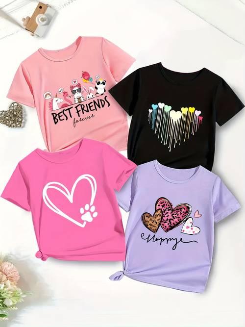 a set of 4 girls short sleeve t shirts featuring heart letters and cartoon animal prints spring and summer stylish and casual tops are made from soft comfortable and breathable fabric ideal for travel and outdoor activities