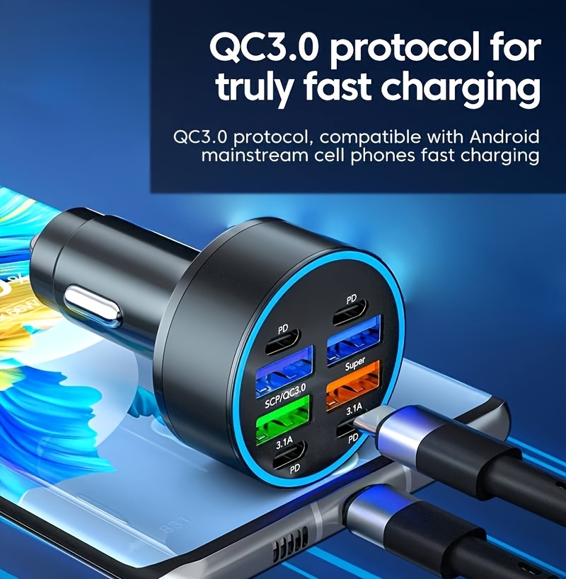 8-In-1 Car Phone Charger Featuring QC3.0 Fast Charging, PD+USB Dual Output, LED Indicator Lights, Compact And Portable Design, Perfect for Both for home And Car Use, Vehicle Charging Hub | Contemporary Charging Station | Space-Saving Charger