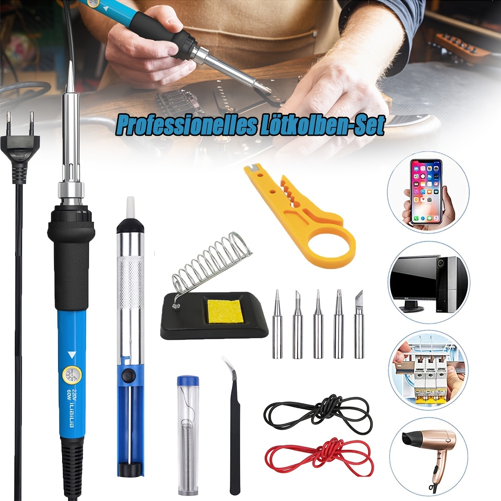 

220v 60w Adjustable Temperature Soldering Iron Kit, Ilibilib 13-in-1 Rapid Heating Smart Welding Iron With 5 Tips Set For Diy Repair, Gray