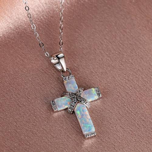elegant 925 sterling silver cross necklace with white synthetic opal hypoallergenic retro bohemian gift for for christmas and birthdays
