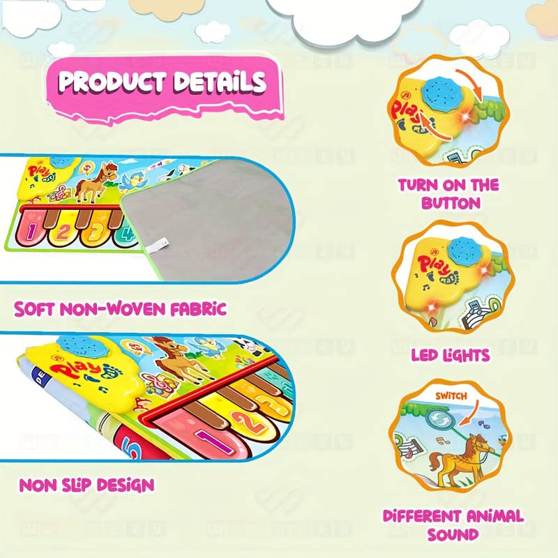 Image of Animal Piano Game Mat: 8 Music , 9-key Piano And 6 , Infant Crawling And Dancing Mat, Kids' Musical Keyboard Floor Mat, Unisex Baby Birthday Gift Toy