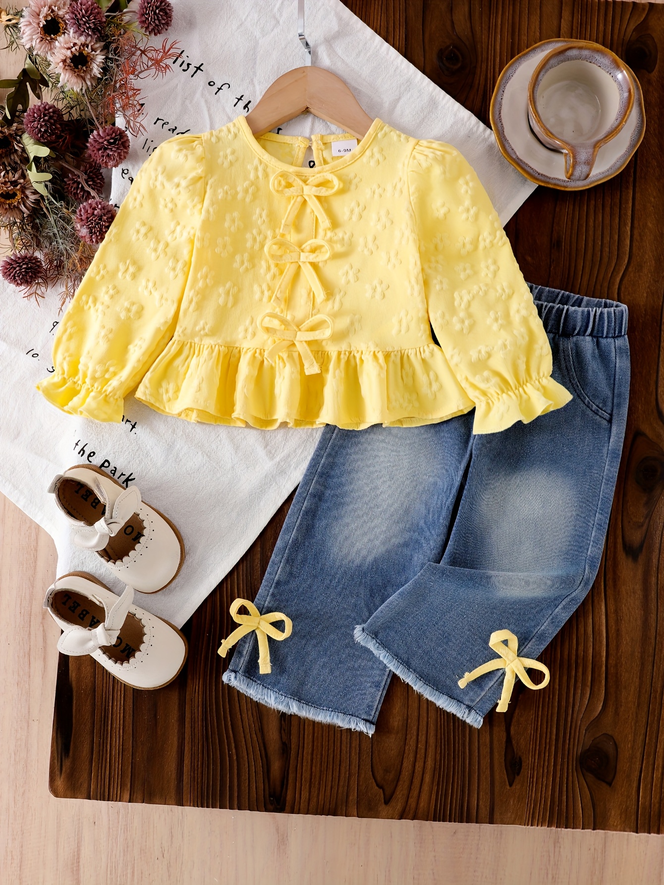 girls 2pcs set bow embellished long sleeve top and straight leg denim pants for spring autumn   outdoor Product details 5