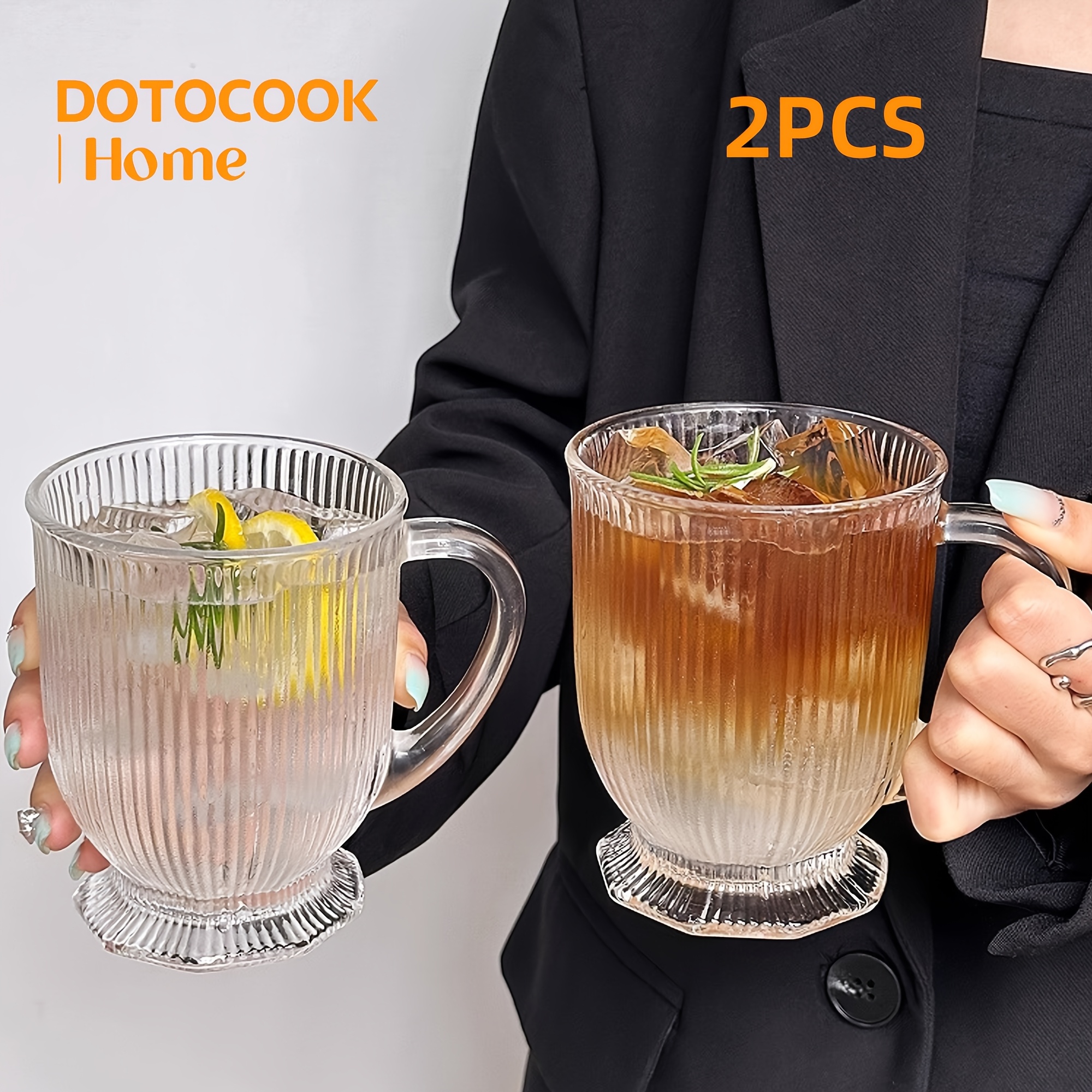 Image of 1/2pcs Large Capacity Striped Handle Cup - Cup With Handle, Juice Cup; Vertical Striped Glass Water Cup For Parties, Leisure, Family, Bar, Perfect For And Beverages