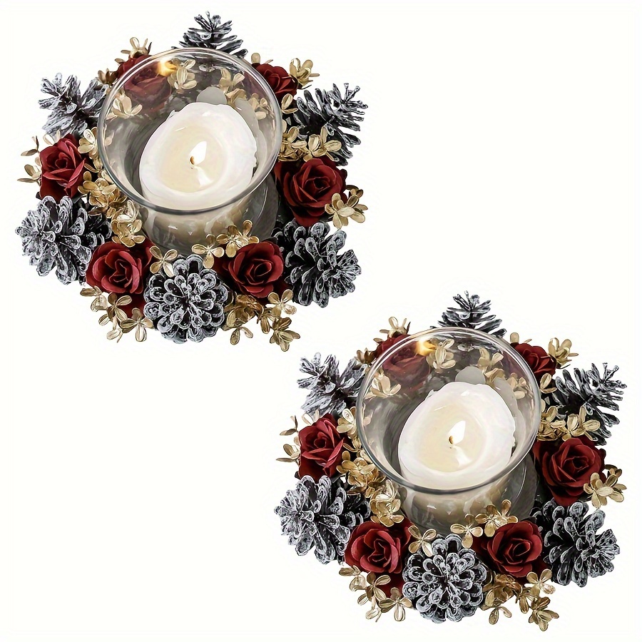 

2pcs Christmas Candle Rings Wreaths Kitchen Cabinet Wreaths Table Centerpiece Decor Hanging Rings Garlands For Pillars Window Chair Wall