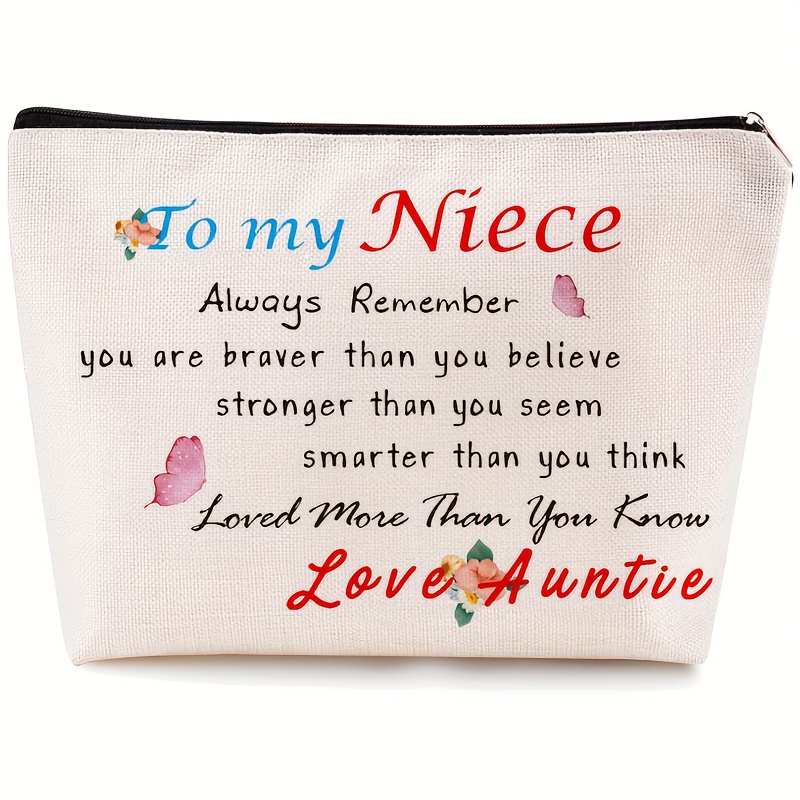 TEMU 1pc Inspirational Aunt's Niece Makeup Bag, Featuring The Quote 'brave, Stronger, Smarter', Zipper Toiletry Bag, Graduation Gift, Women's Cosmetic Bag, Formaldehyde-free, Printed, Beige Color