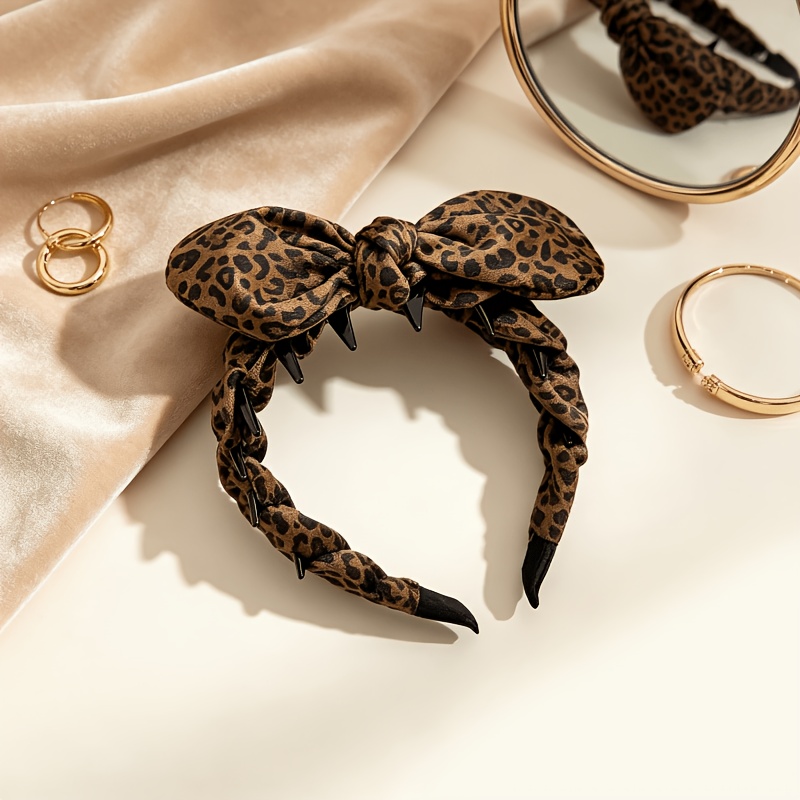 TEMU 1pc Women's Vintage Leopard Print Bow Headband - Non-slip Twist Scrunchie Wide Hair With Bowknot, Soft Fabric Suitable For Daily Wear, Parties,