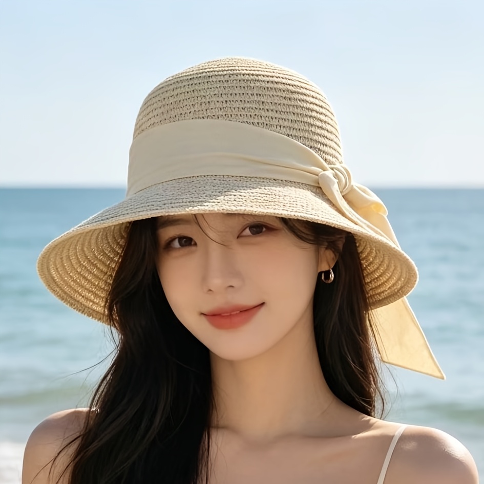 TEMU 1pc Women's Summer Straw Sun Hat, Wide Brim Beach Hat With Tassel, Breathable Foldable Sun Hat, Suitable For Vacation, Outdoor Wear