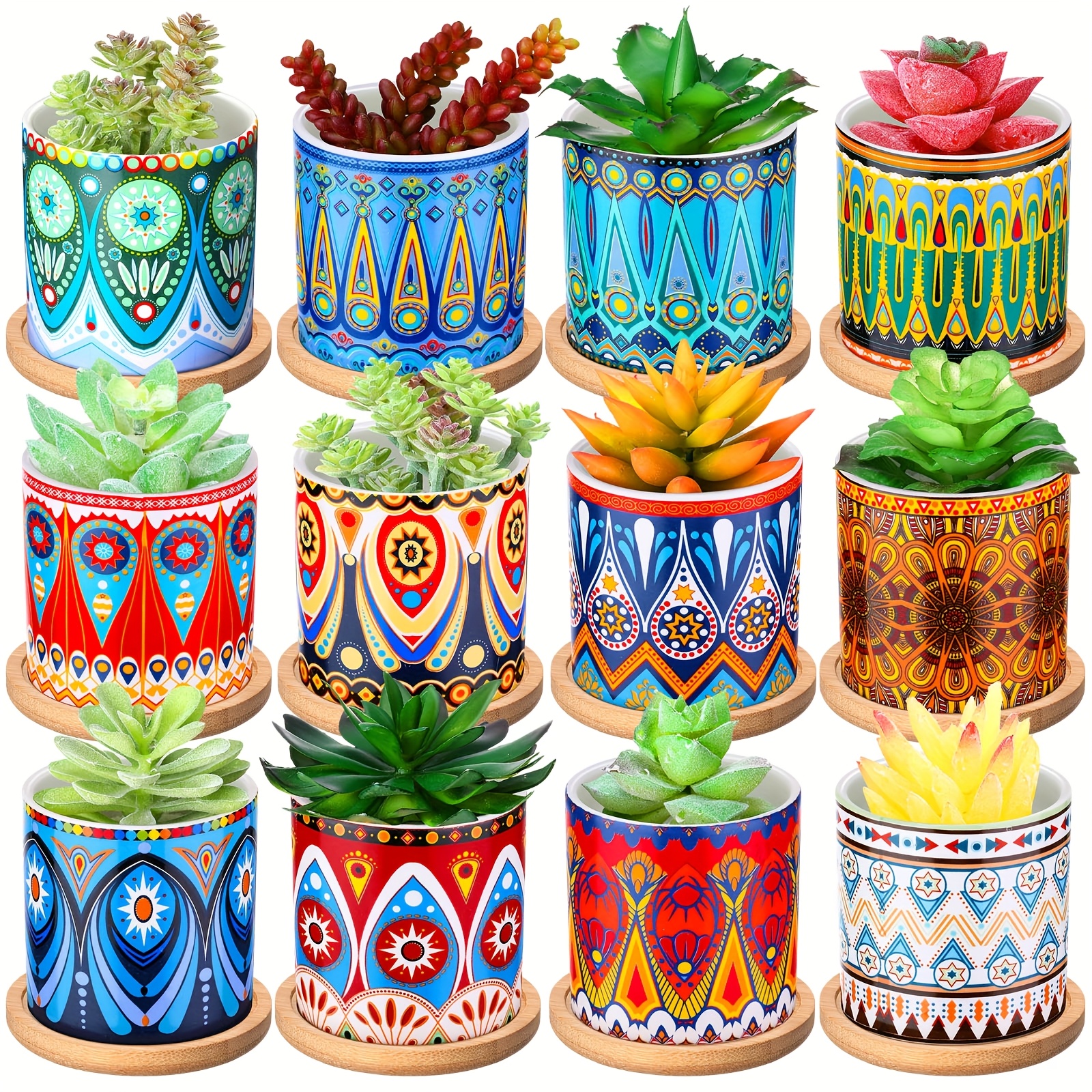 TEMU 12pcs 3 Inch Ceramic Succulent Pots With Mandala Geometric Patterns, Multicolor Bohemian Planters With Drainage Holes & Bamboo Trays For