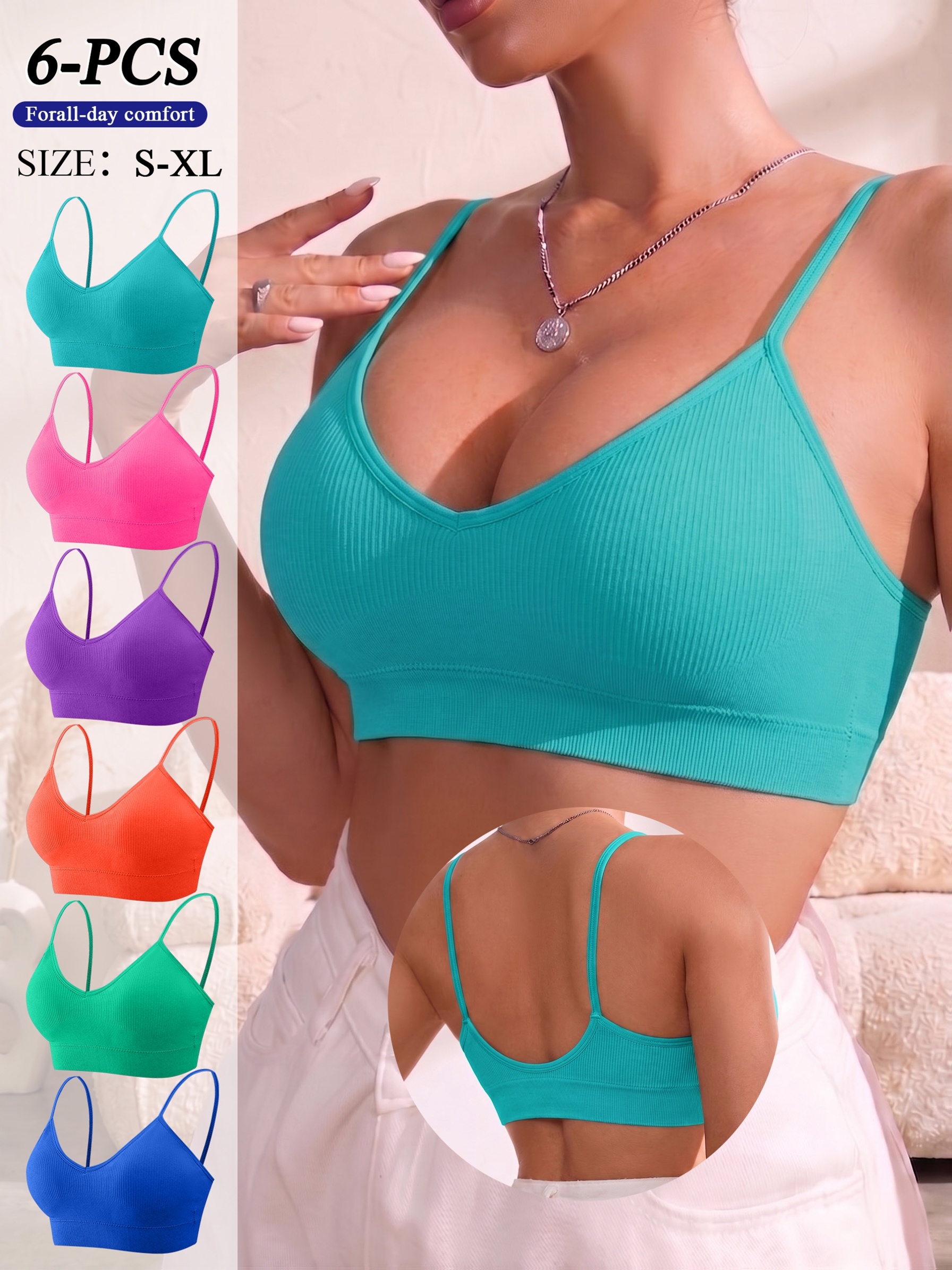 6-Pack Women's Thin Strap Seamless Bra Set, Comfortable Fit