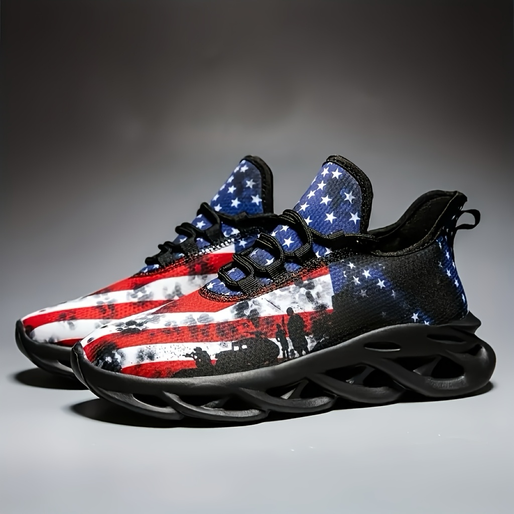 

Men's Patriotic Running Shoes - Breathable Mesh With Cushioned Sole - Low-top Lace-up Featuring American Flag Pattern For Running And Casual Use