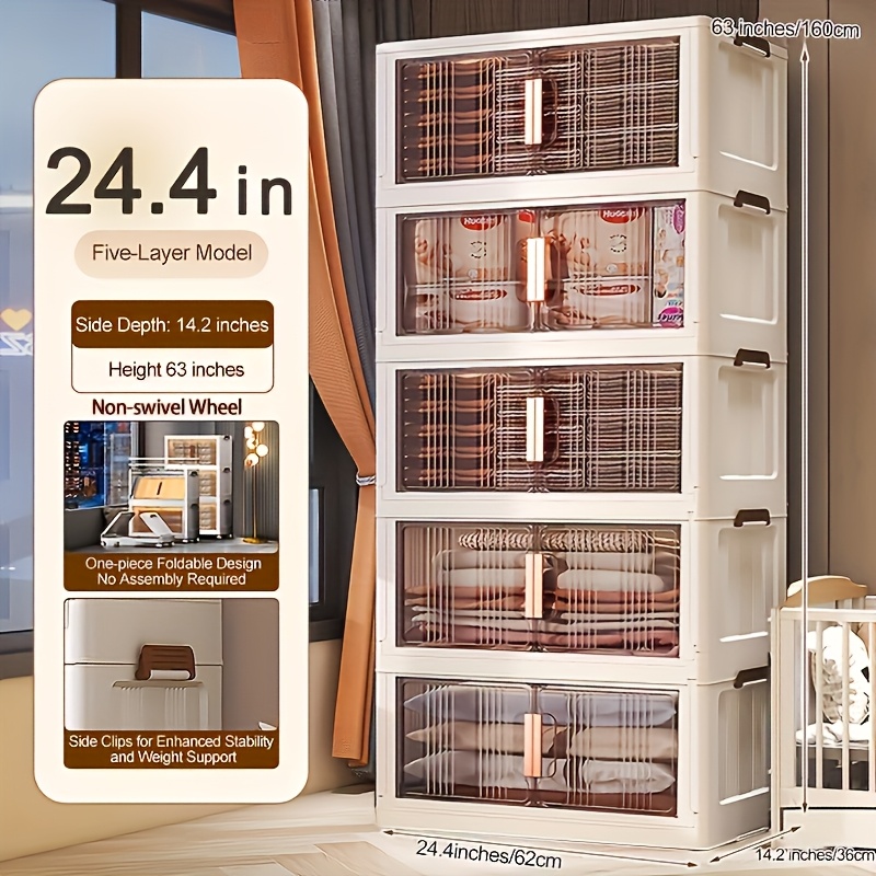 TEMU Collapsible Plastic Storage Cabinet With Lids And Wheels, Stackable Organizer With Front For Home, Office And Dorm