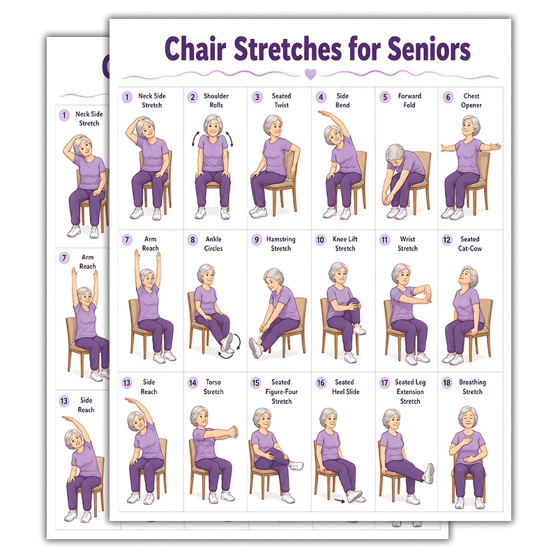 TEMU 2pcs Chair Stretches For Seniors Posters - Elderly Seated Stretching Chart Suitable For,, Nursing Homes, Physical Rehab, Mobility & Flexibility