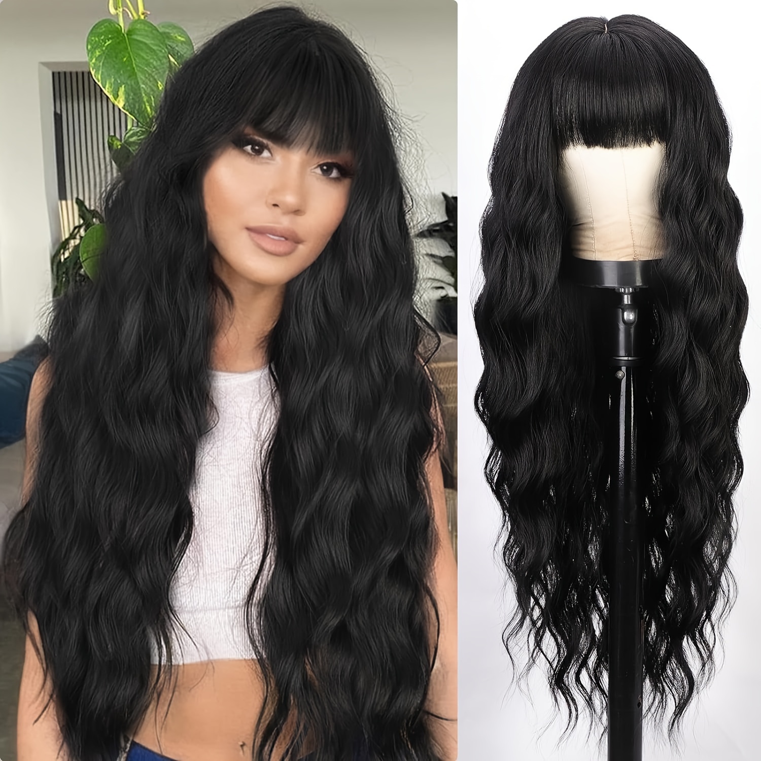 TEMU Wig| Elegant 28" Wave Wig With Bangs - Heat-resistant Synthetic Curly Fashion Wig For Women, Natural Look For Daily Use & Holiday Parties, Wig Accessories