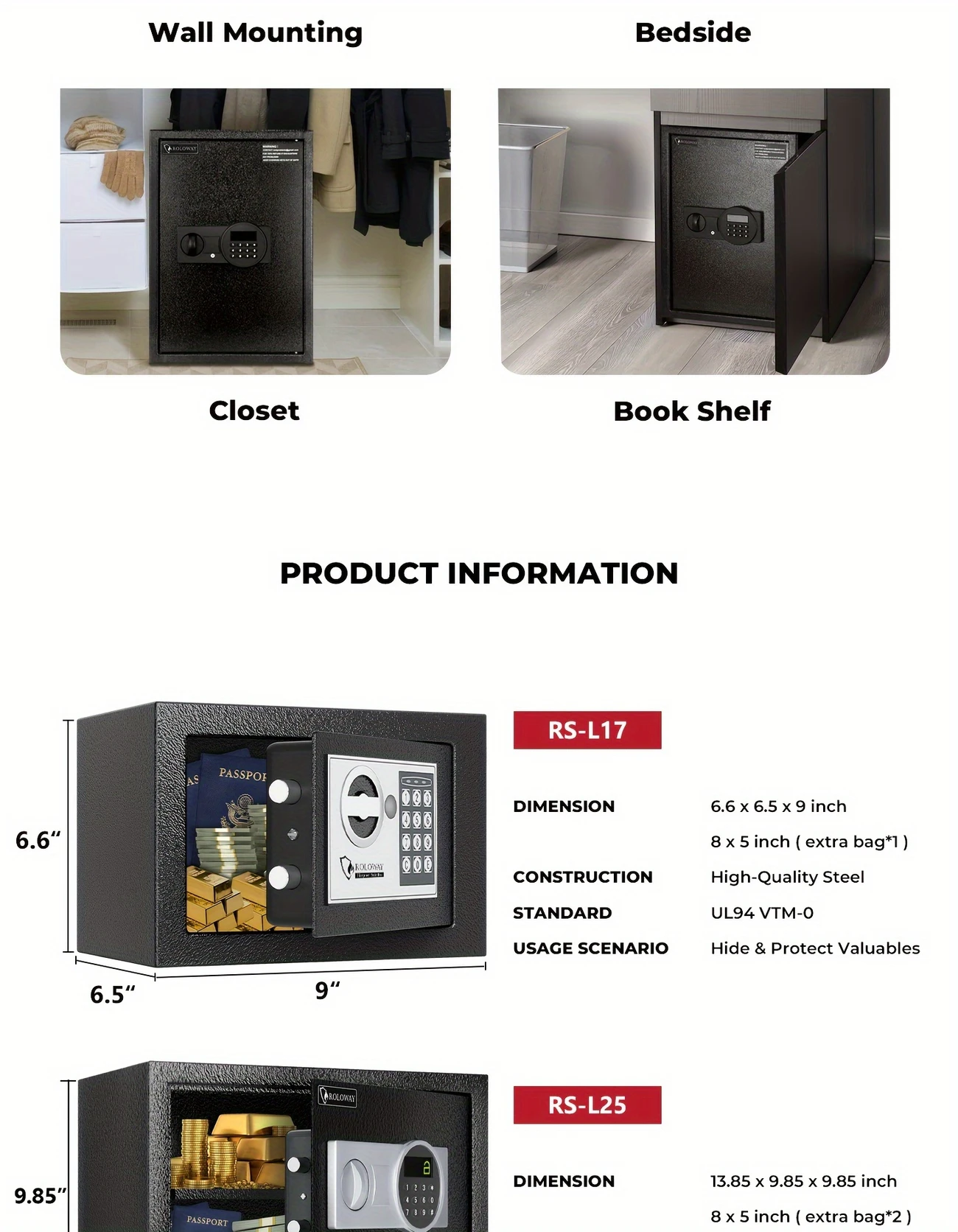a heavy duty fireproof with a golden bag a safe with a password lock and key lock suitable for storing cash documents and black details 8