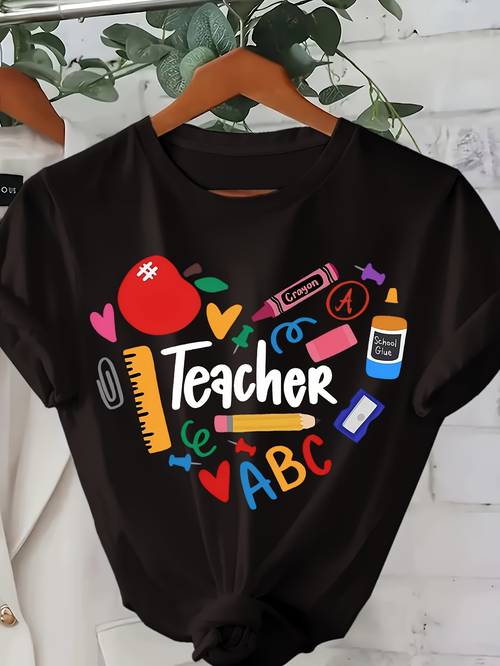 teacher print t shirt short sleeve crew neck casual top for womens clothing