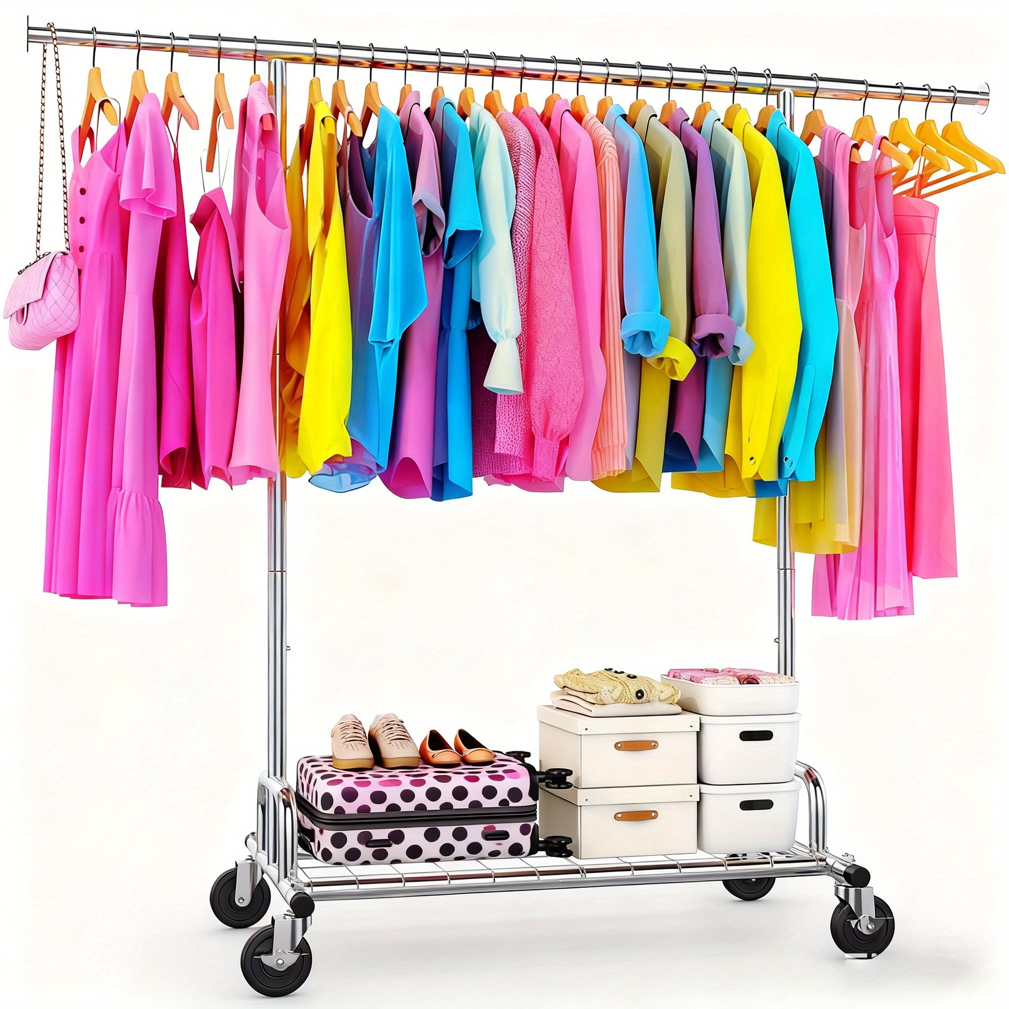 Image of Budget Friendly Single Rod Garment Rack Heavy Duty 520 Lb Load Stainless Steel Clothes Rack 42"w X 22"d X 70"h Adjustable 51-75" Rod Easy To Clean With Mobile Wheels