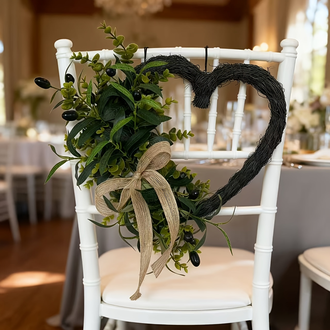 Image of Olive & Eucalyptus Heart Wreath - Artificial Greenery Decor For Wedding Chair, Home Wall, Farmhouse Fireplace | Rustic Burlap Bow Accent | Reusable Valentine's/party/garden Decoration