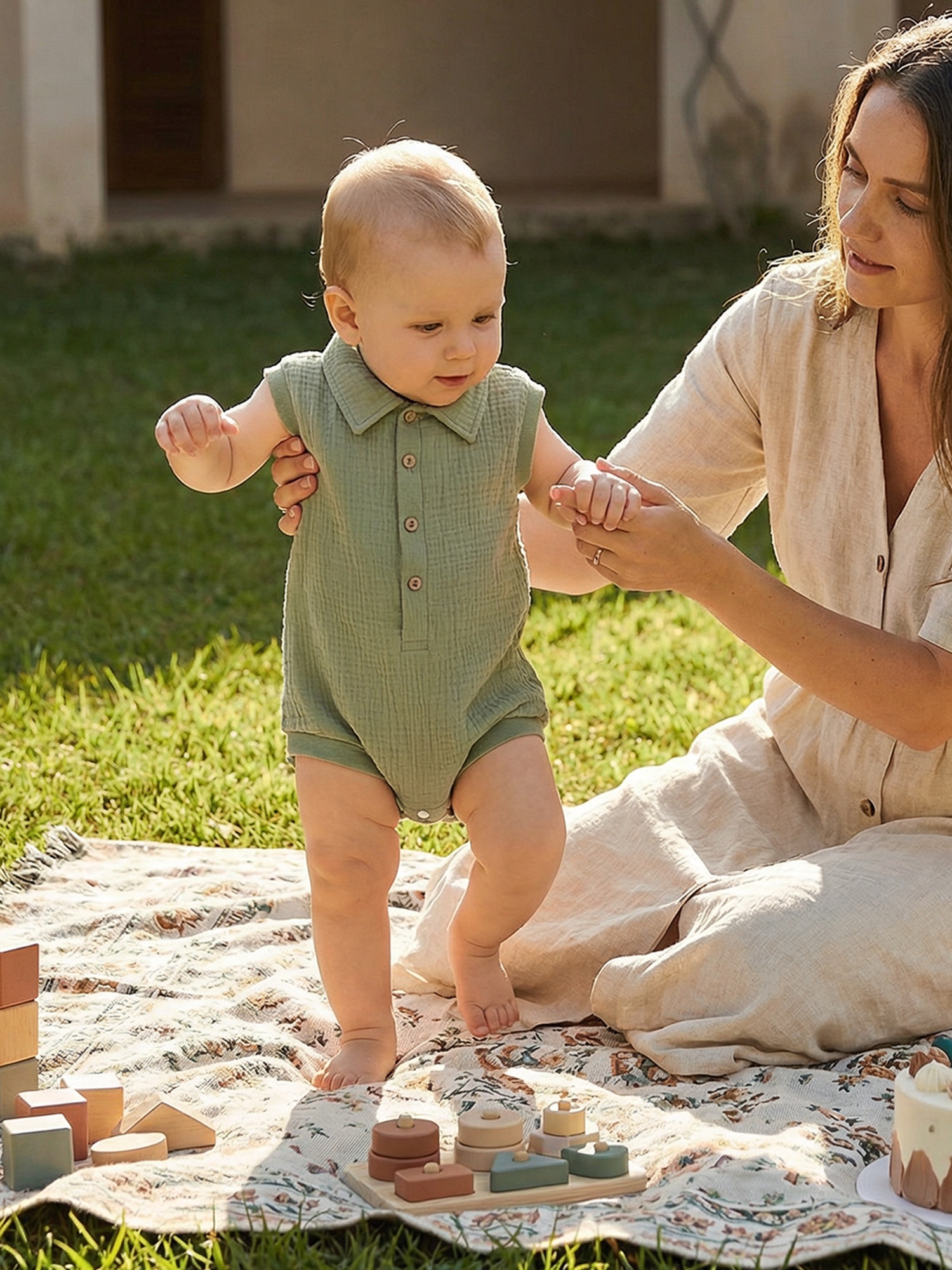 Baby Sleeveless Turn-Collar Button Closure Solid Summer Bodysuit