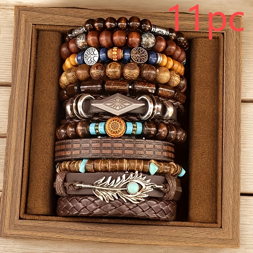 11pcs Feather Triangle Bangle Bangle Bracelet Set And Hot Life Tree Bead Bangle Bangle Bracelet Combination Men's Bangle Bangle Bracelet Set (box Not Included)