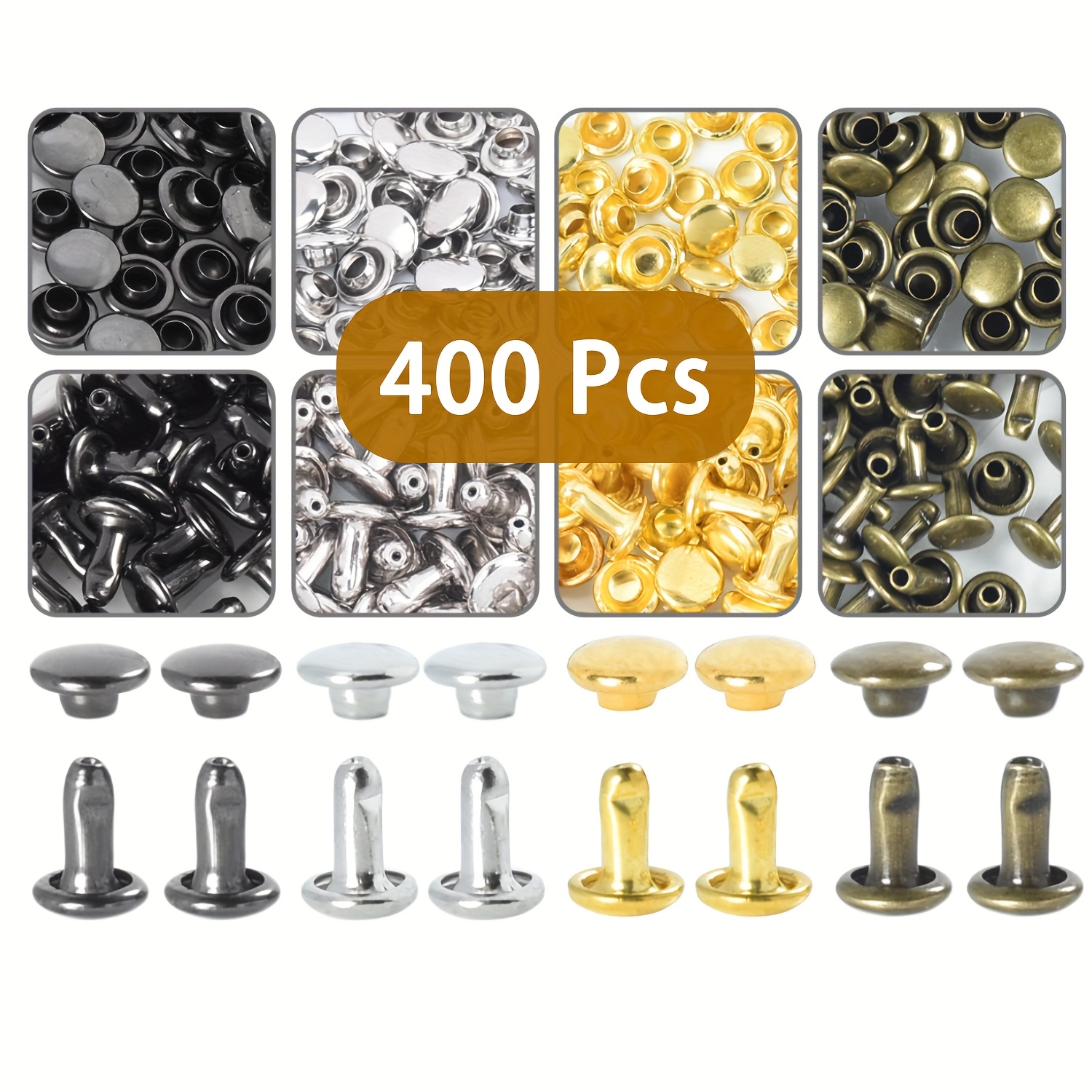 E-shop 200/400 Stück Leder Nieten, 6X6mm Doppelkappen Nieten Metall Nieten Zusätze für Lederhandwerk Reparatur Geldbörsen Gürtel Schuhe
