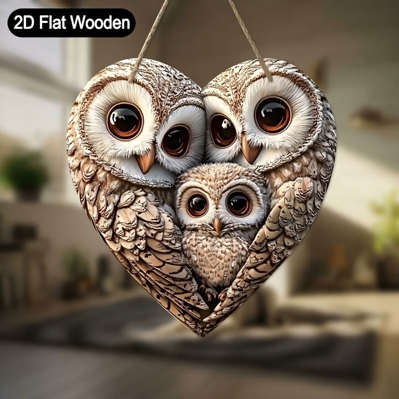 

Rustic Wooden Owl Family Heart-shaped Wall Art - 2d Flat Hanging Decor For Home & Farmhouse, Festive , Versatile Door & Wall Decor