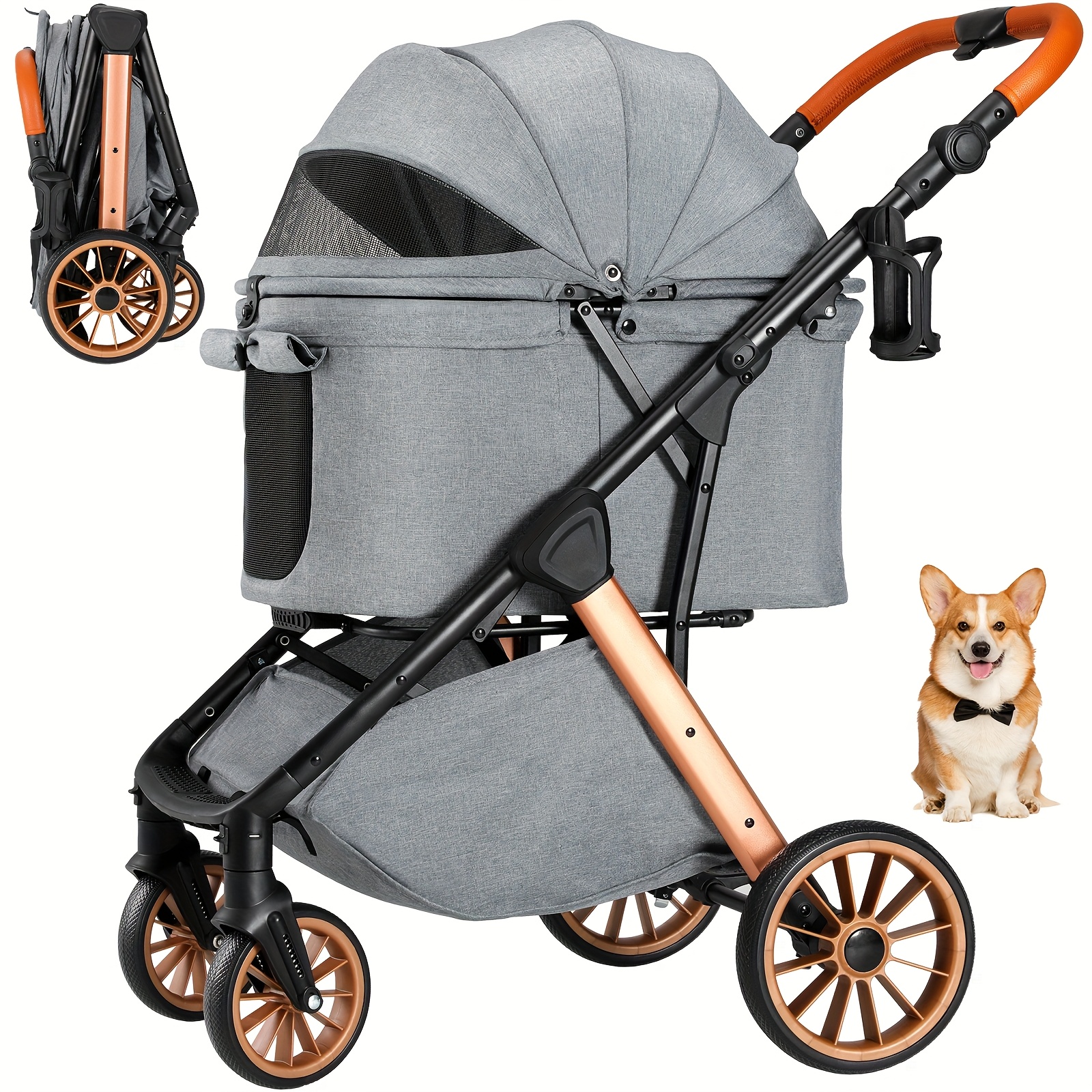 Dog Stroller, One-button Folding Upgrade, Pet Stroller, Load Capacity Up To 25kg, Aluminum Carbon , Height-adjustable Handle, Cup Holder, 4 360° Rubber Wheels, Suitable For Small Dogs And Cats