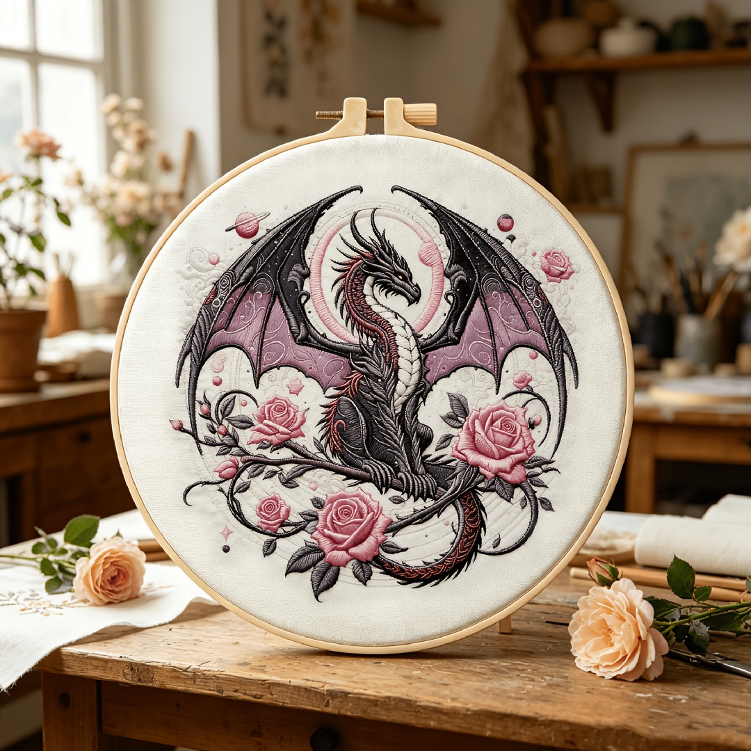TEMU Adult Beginner Embroidery Kit, Black Dragon Surrounding Rose Pattern Hand Embroidery Starter Kit Embroidery Kit Includes Patterned Embroidery