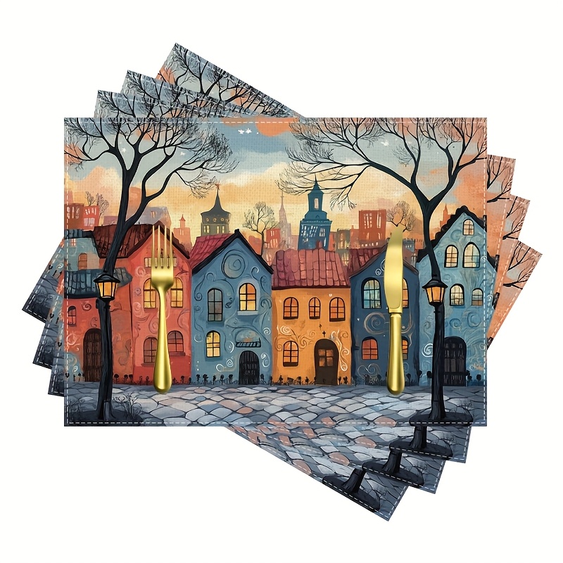 TEMU Set Of 4 Table Mats Featuring Vibrant Oil Painting Designs - Sturdy Linen Placemats Suitable For Restaurant Decor, Home Dining, Camping, And