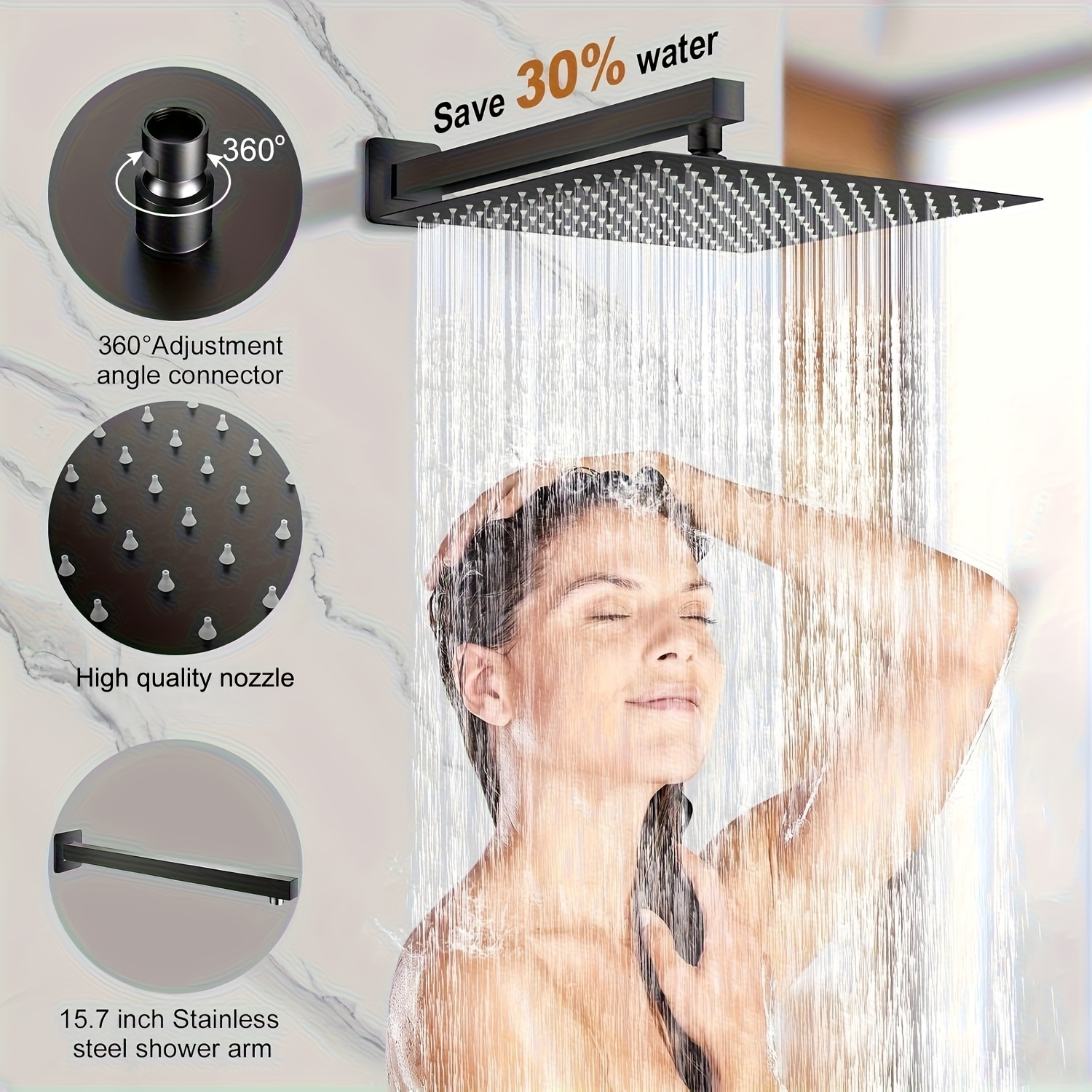 Complete Stainless Steel Shower Head Set with 16-Inch Extension Arm