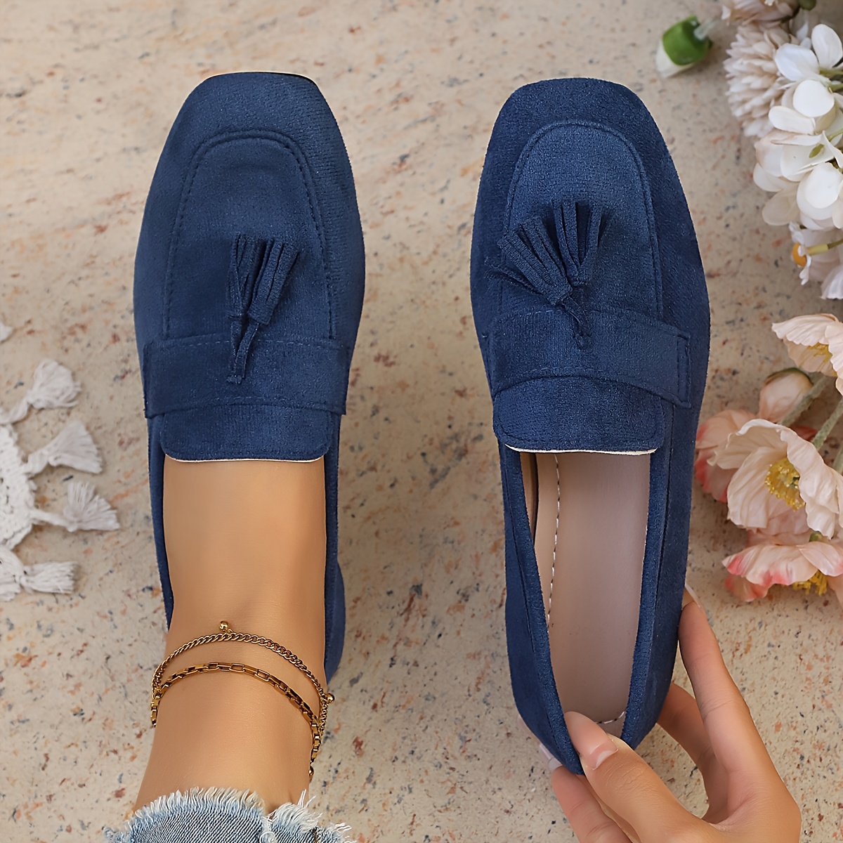 TEMU Mocassins carrés à talon plat et pompons 2025, Chaussures pour femmes