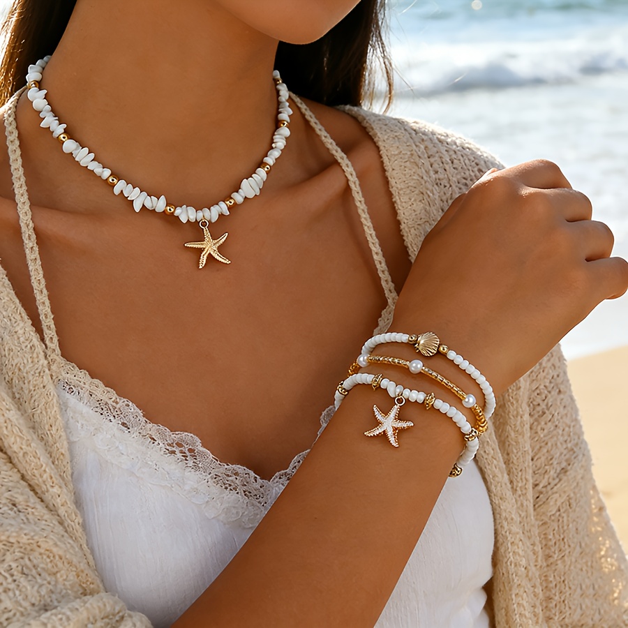 Boho Beach Jewelry Set - 4pcs Starfish Seashell Layered Necklace & Bracelet