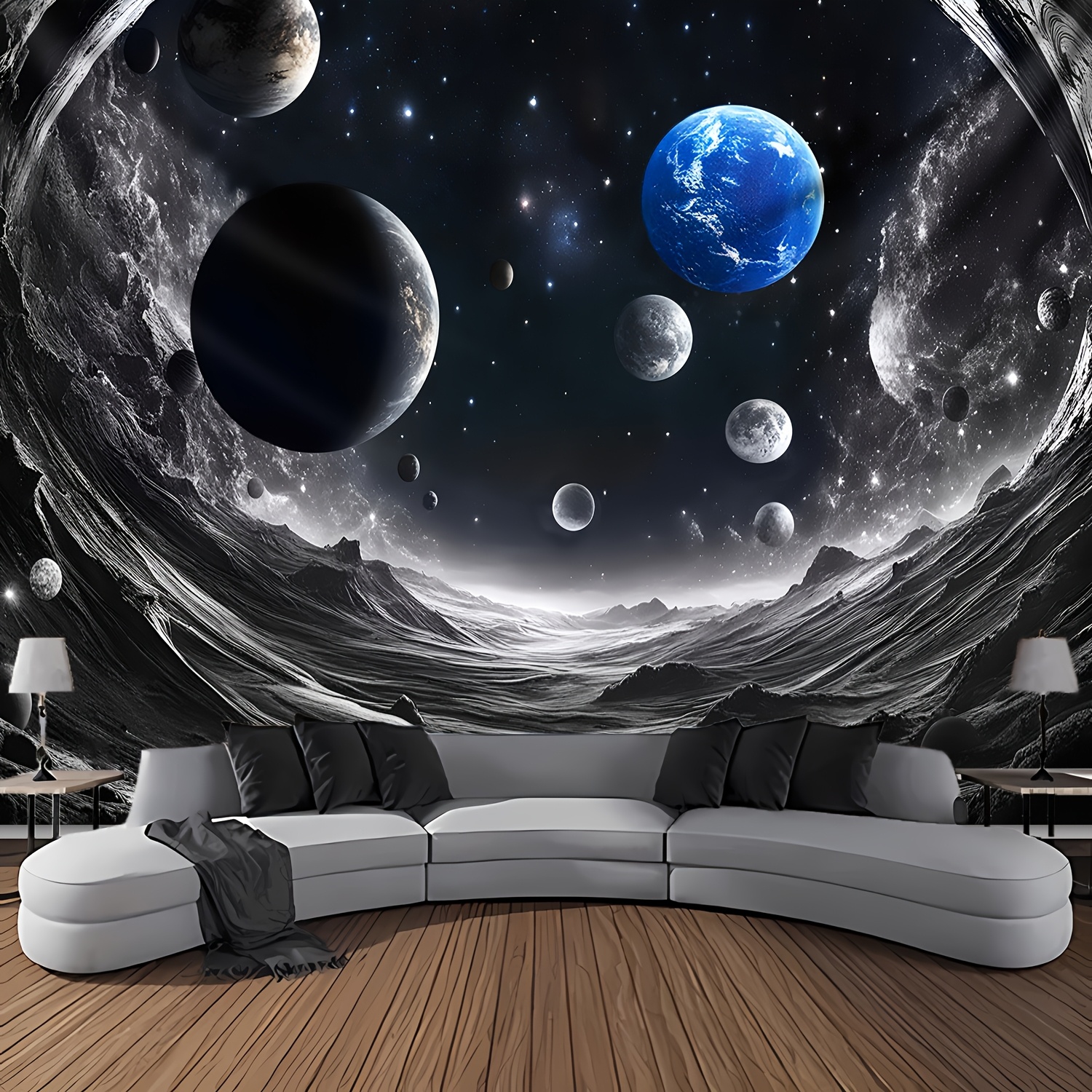 TEMU 1pc Tapisserie Spectaculaire de Grande Taille avec Fond Photo d'Océan et de Planètes, Grande Taille, en Polyester, pour Décoration de Salon,