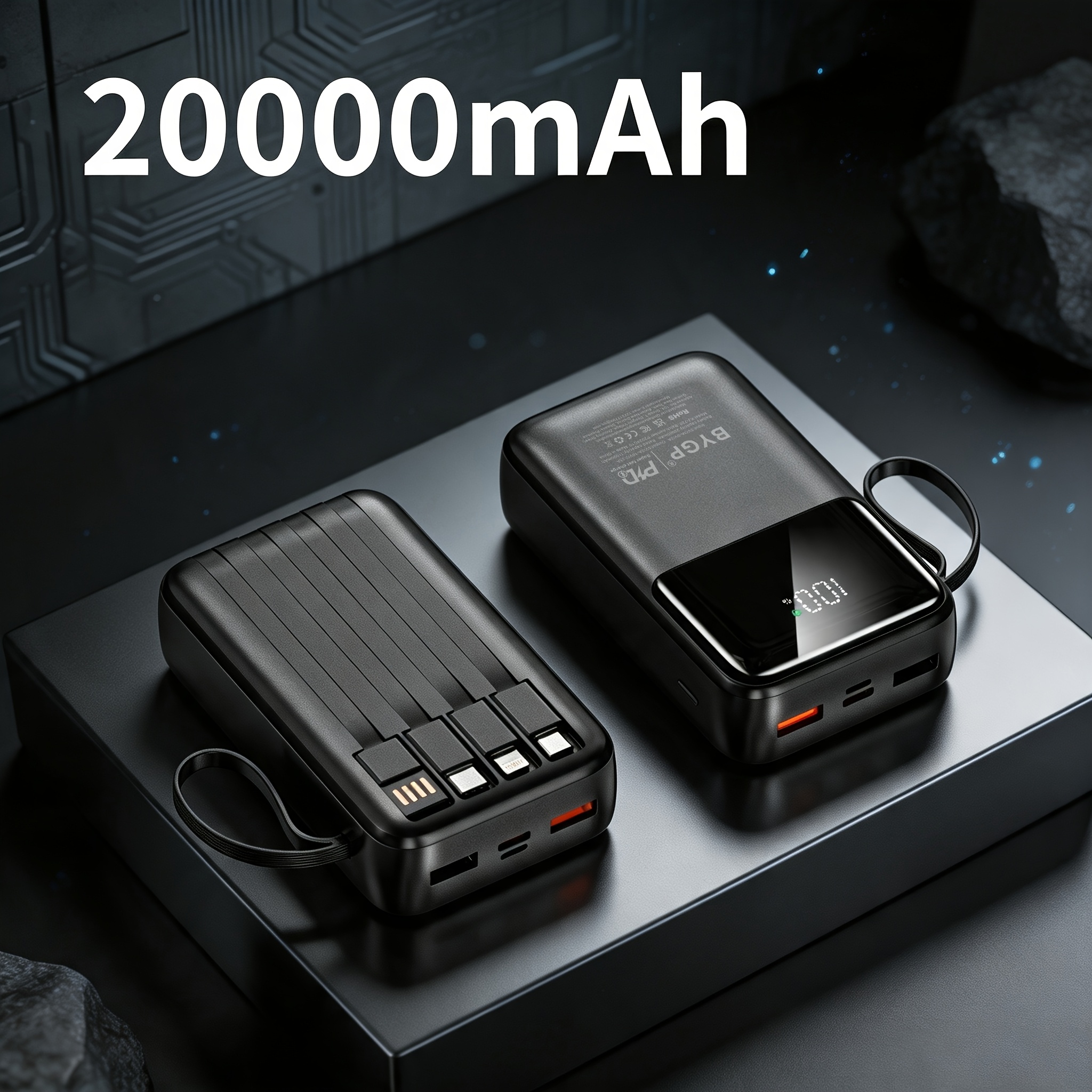 Image of 20000mah Large Capacity External Battery, 22.5w Fast Charging Power Bank With Built-in 4 Charging Cables, Lanyard, Usb Type-c Ports, Outdoor Emergency Power, Lager