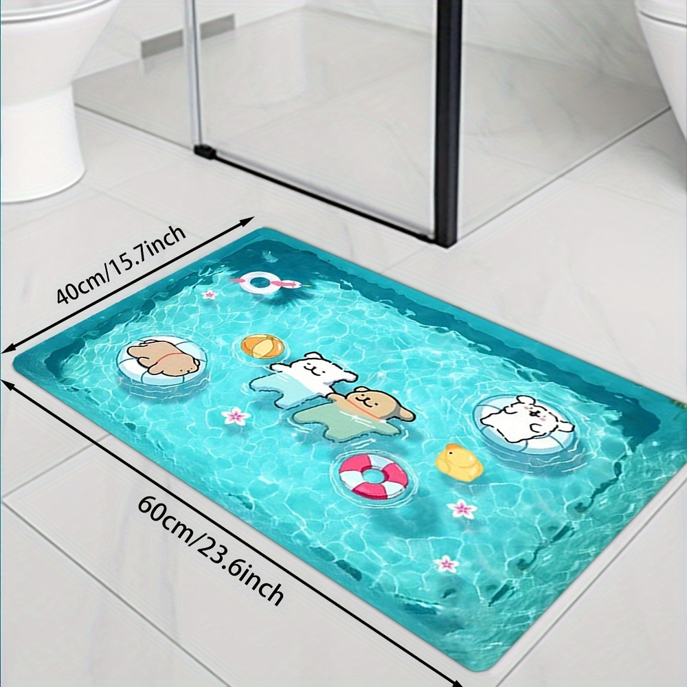 

Cute Cartoon Dog Pool-themed Bath Mat - Waterproof, Non-slip, Plush Polyester, Absorbent & Machine Washable Rug For Bathtub And Shower