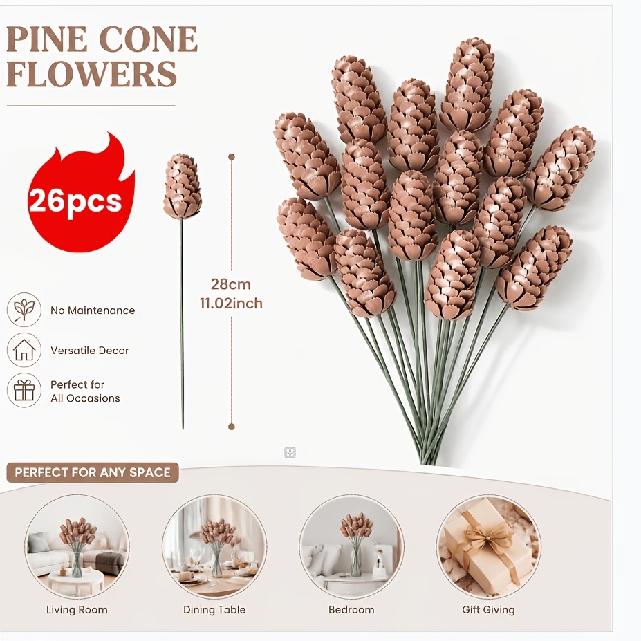 TEMU 26pcs Set Of Artificial Pine Cone Stems, Christmas Holiday Faux Decorative Flower Stems, Three-dimensional And Realistic Shape, Sturdy And