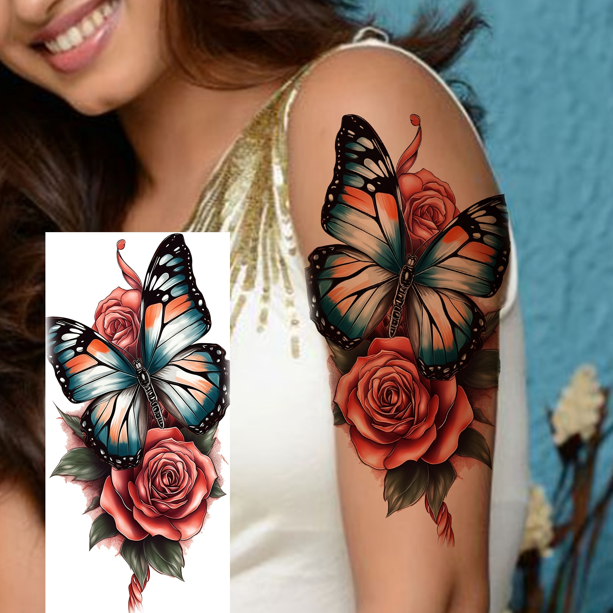 1 stück realistische schmetterling rose tattoo frauen männer - Temu Germany, image size:1999x1999
