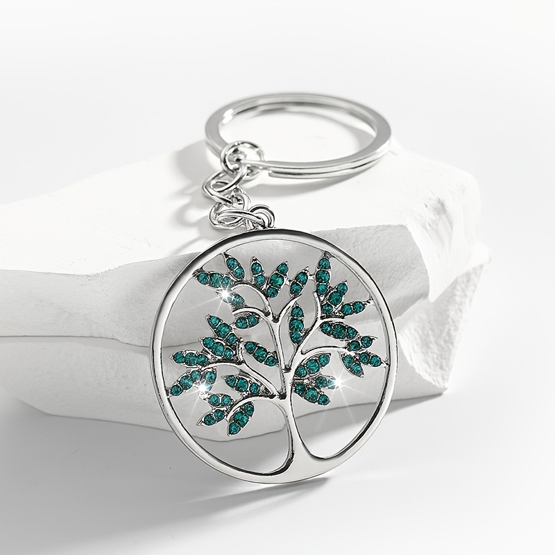 TEMU 1pc Elegante llavero de aleación redonda de árbol de para damas con rhinestones, diseño hueco de moda anillo de llave, encanto decorativo para