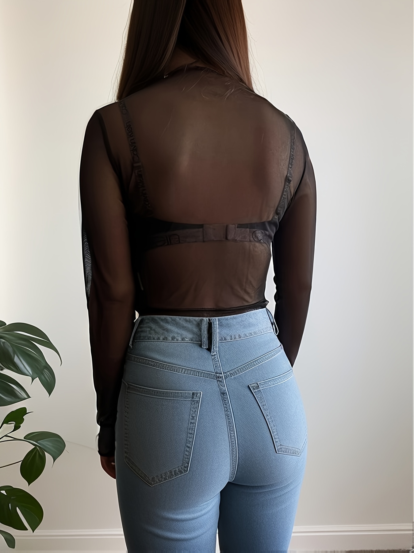 Women's Casual Sheer Mesh See Through Crop Top Mock Neck Long