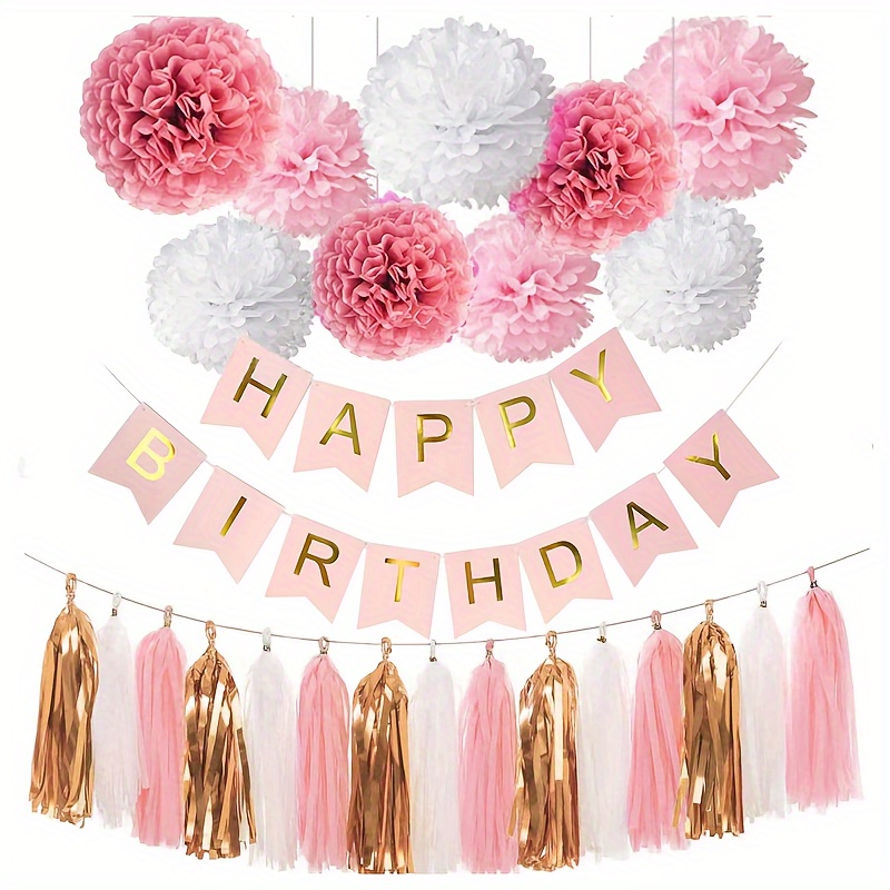 Image of Purple Pink Birthday Party Decoration Set, With Happy Birthday Banner, Tissue Plush Ball, Tassel Wreath Birthday Decoration For Ladies