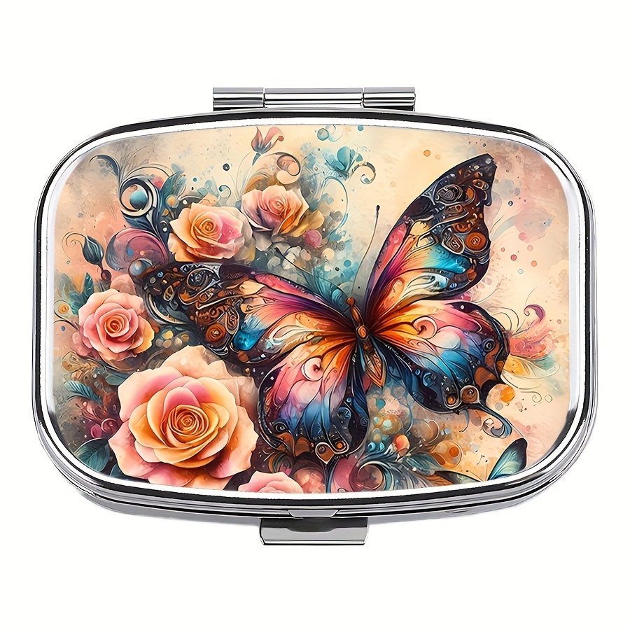 

1pc Vibrant & Portable Pill Box - 2-compartment Metal Medicine Case With Closure, Compact Travel Organizer For Vitamins & Supplements, Decorative Artwork, Ideal Gift For Health- , Pill Box For Purse