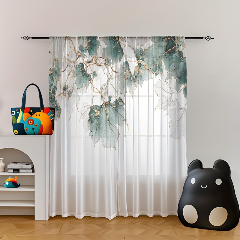 E-shop Festtags, Geschenk, Hochzeitsdekoration Fensterbehang, 2 Stück bedruckte Vorhänge, elegantes grünes goldenes Blattmuster, transparente