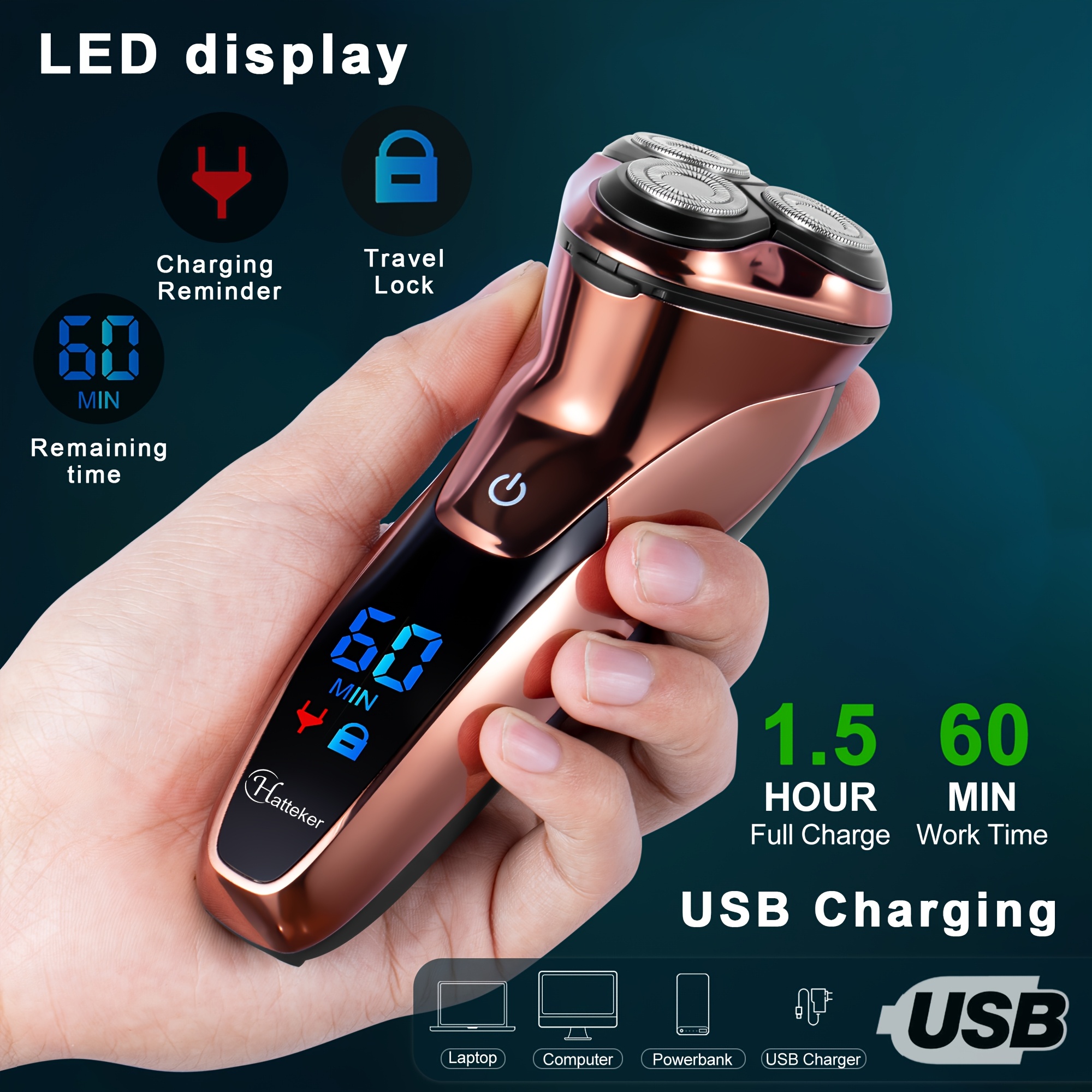 HATTEKER Electric Shaver for Men, Portable USB Rechargeable Razor with LCD Display, Floating Beard Trimmer, 600mAh Lithium Battery, Home Use Grooming Kit