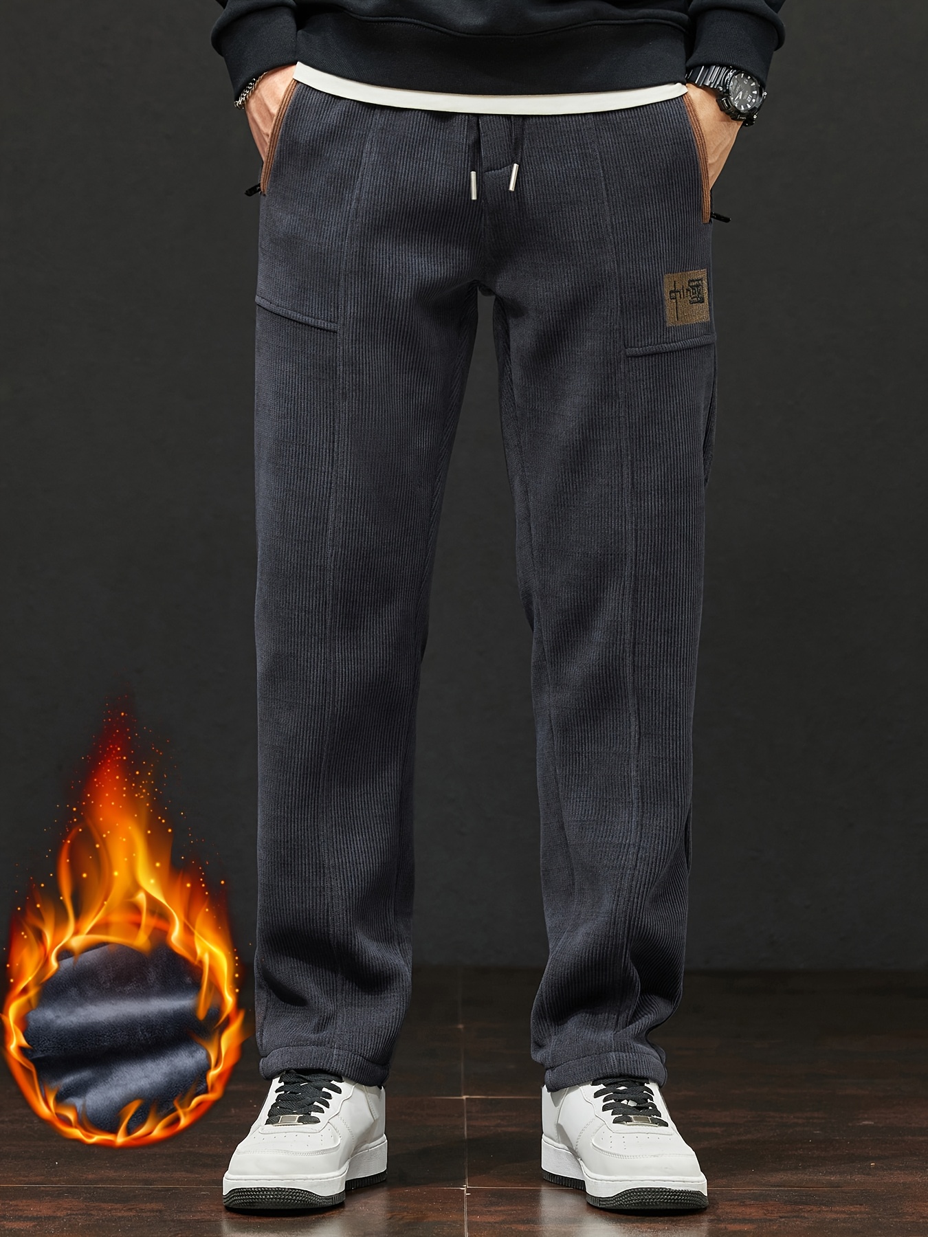 mens casual straight leg fleece lined pants detail - Temu