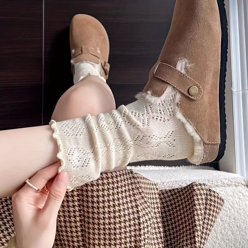 1/2/3 Pairs of Socks for Women, Japanese And Korean Style, Spring And Summer Solid Color Retro Hollow Breathable Mesh Socks for Women, Autumn Mid-Tube Pile Socks for Women, Lace Japanese Loose Socks Ins